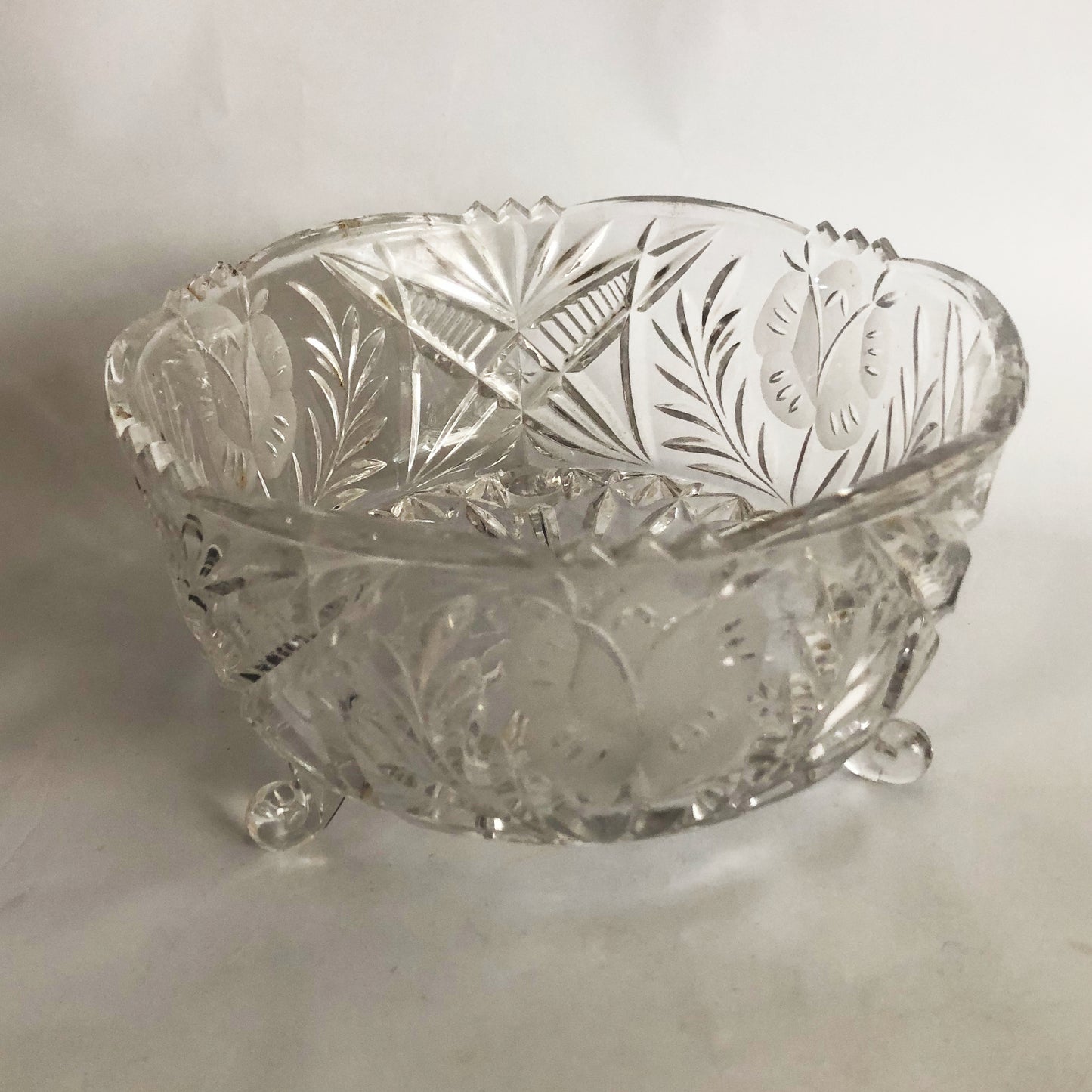 Vintage Cut Glass Lead Crystal Bowl 3 Footed Dish