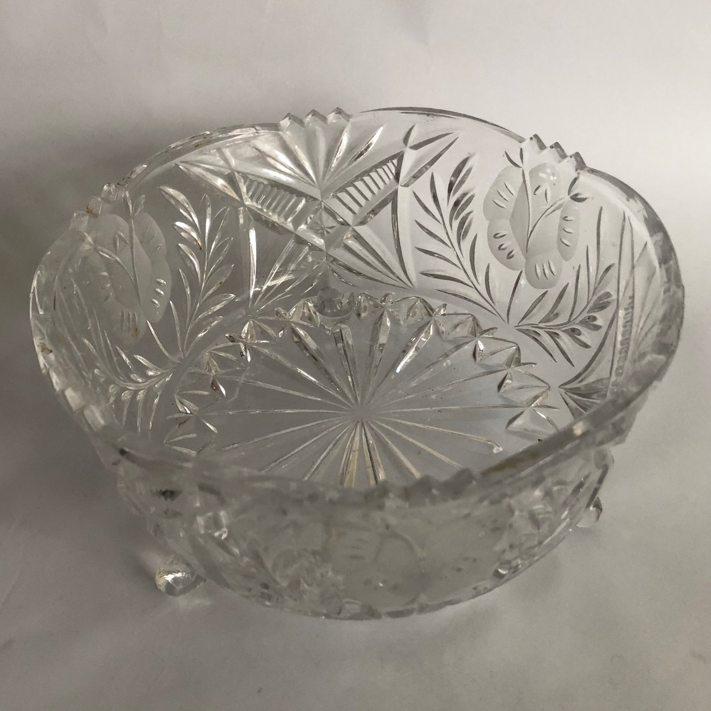 Vintage Cut Glass Lead Crystal Bowl 3 Footed Dish