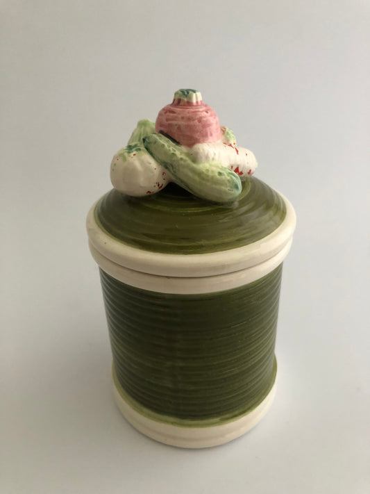 Vintage Ceramic Lidded Canister Topped with Decorative Vegetables