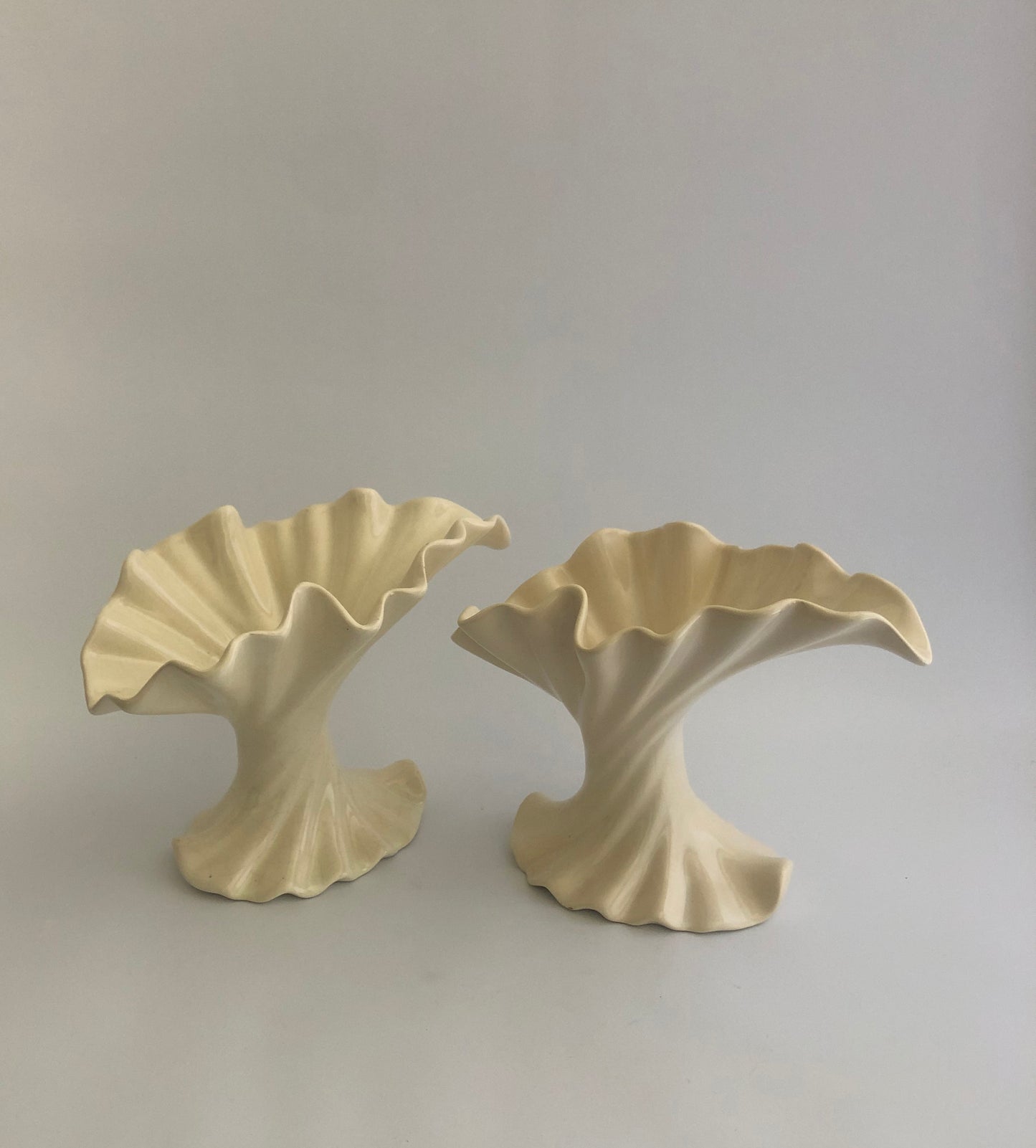 Pair of Ceramic Swirled Flare Whimsical Cream Vases