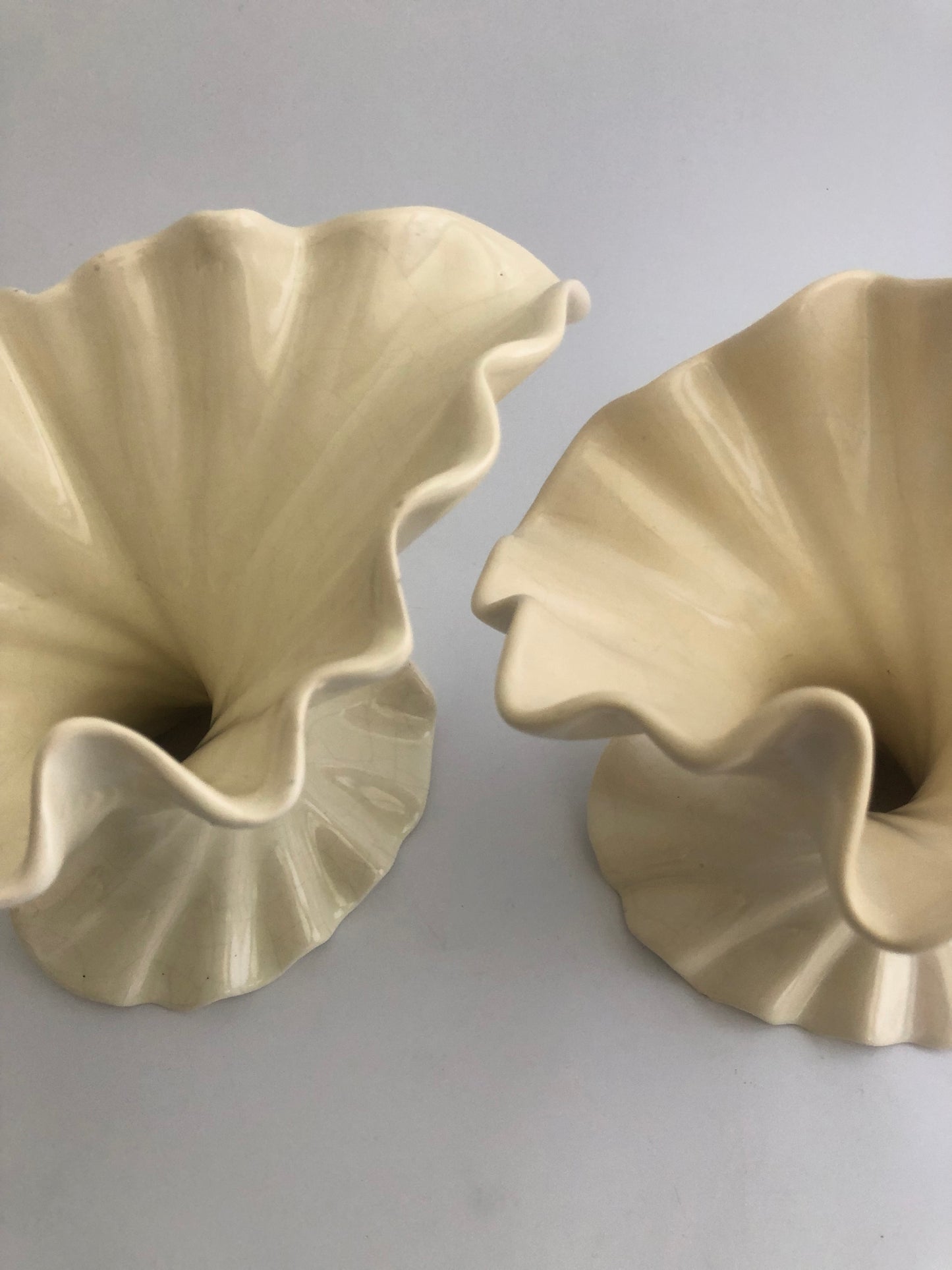Pair of Ceramic Swirled Flare Whimsical Cream Vases