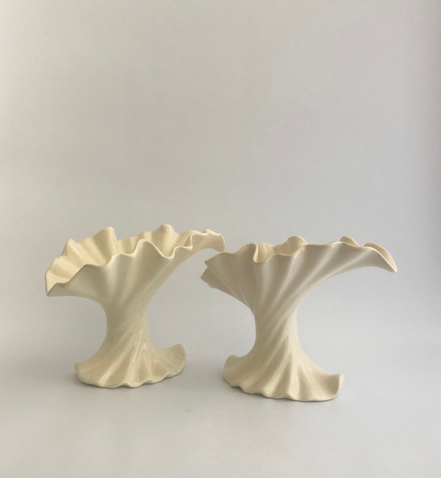 Pair of Ceramic Swirled Flare Whimsical Cream Vases
