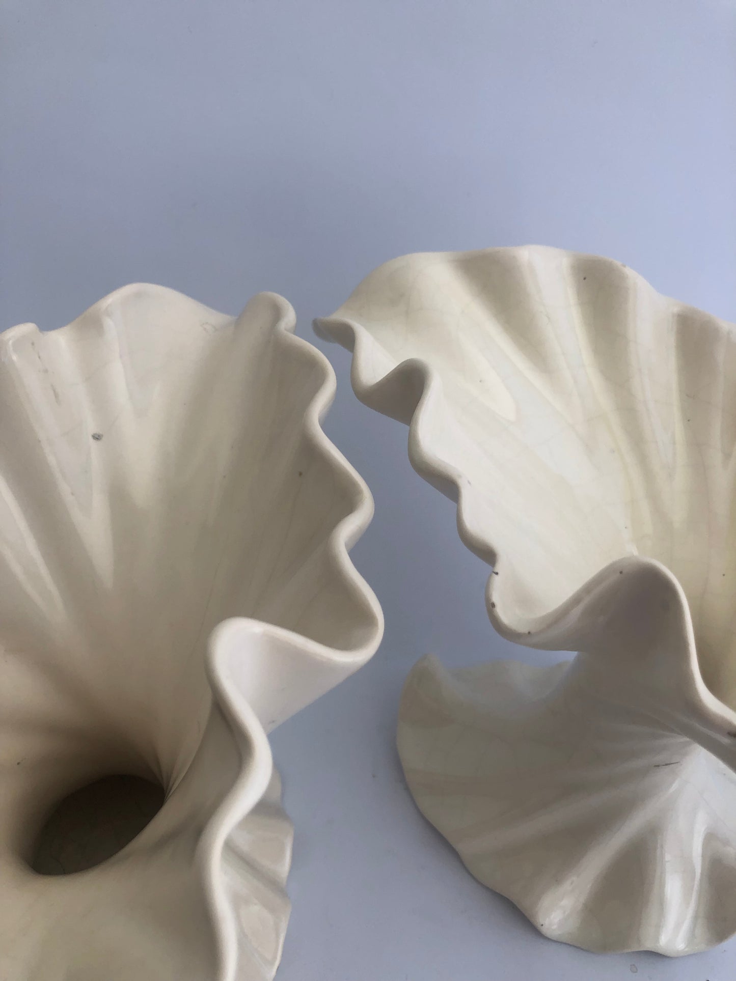 Pair of Ceramic Swirled Flare Whimsical Cream Vases
