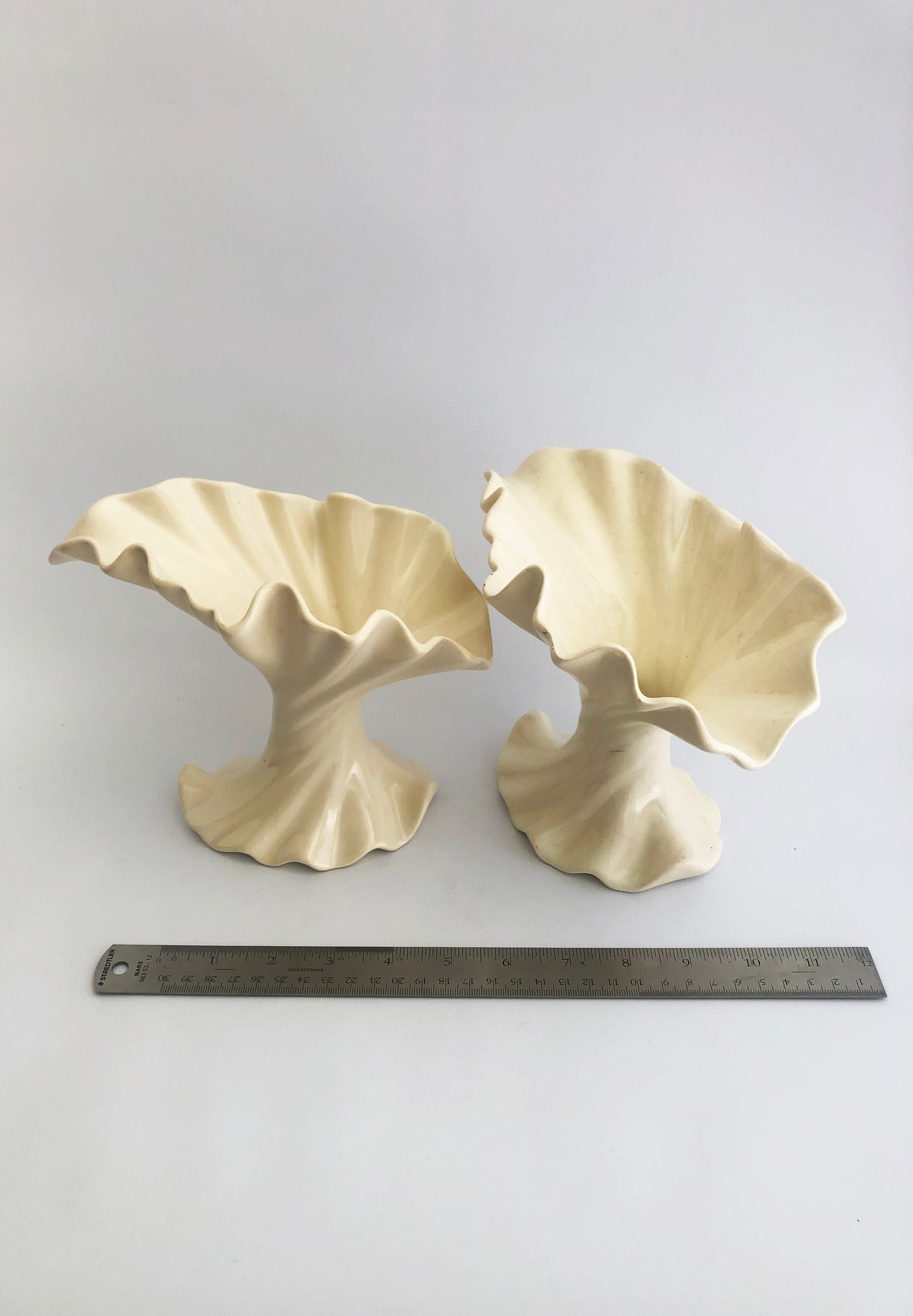 Pair of Ceramic Swirled Flare Whimsical Cream Vases