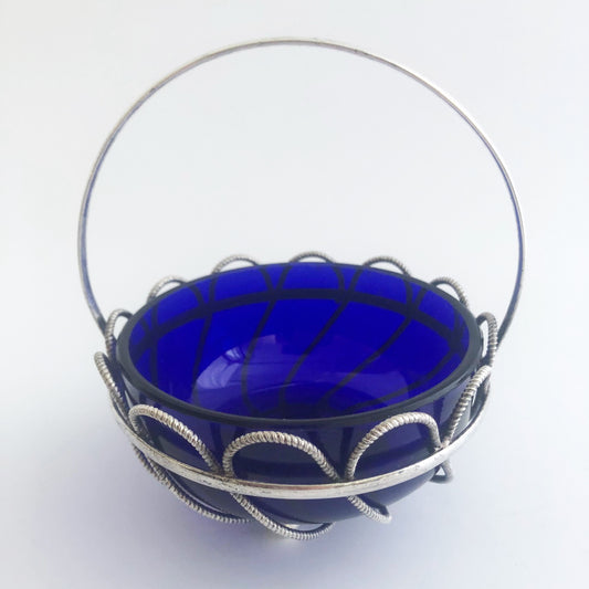 Vintage Bristol blue glass bon bon bowl with silverplated holder