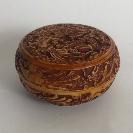 Vintage Chinese Red Resin Lacquer Round Carving Small Accent Box
