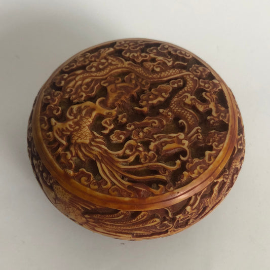 Vintage Chinese Red Resin Lacquer Round Carving Small Accent Box