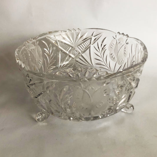 Vintage Cut Glass Lead Crystal Bowl 3 Footed Dish