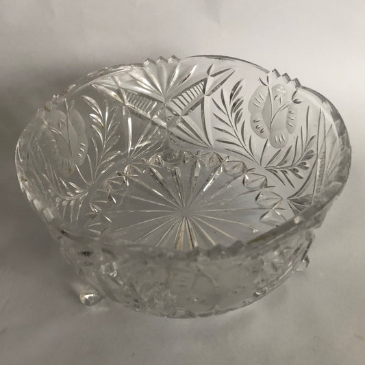 Vintage Cut Glass Lead Crystal Bowl 3 Footed Dish