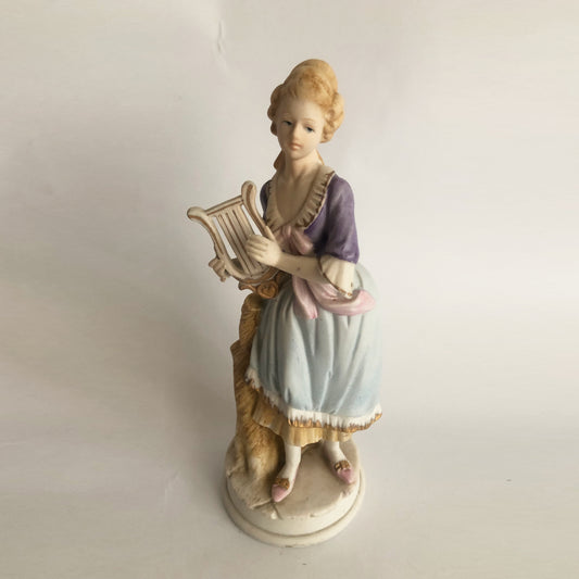 Vintage Ceramic Porcelain Elegant Lady Figurine Heart Musical Instrument 8"