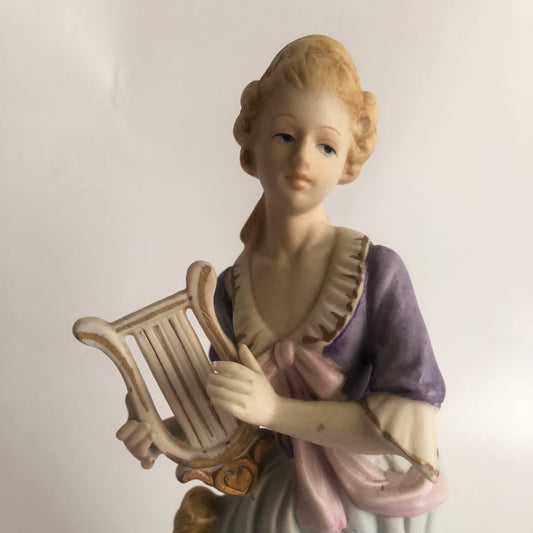 Vintage Ceramic Porcelain Elegant Lady Figurine Heart Musical Instrument 8"